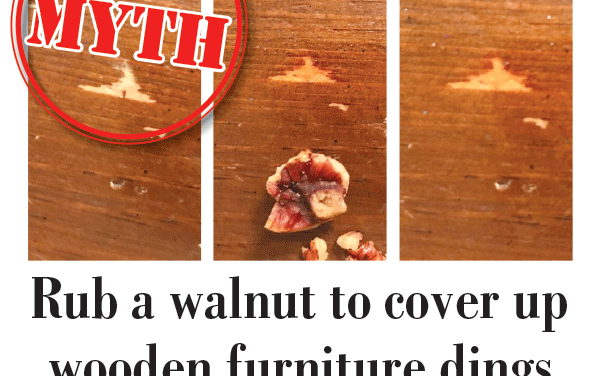 Rub a walnut to cover up wooden furniture dings